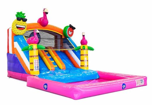 Buy a water slide bouncy castle with a 3D object of a large flamingo on top at JB Inflatables UK. Order bouncy castles online at JB Inflatables UK now