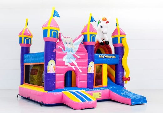 Bouncer in fairy wonderland theme with a slide for children. Buy inflatable bouncers online at JB Inflatables UK