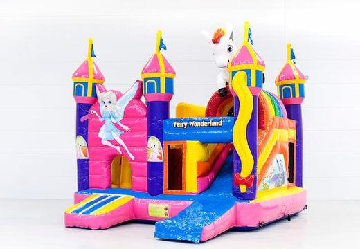 Multiplay Fairy Wonderland bouncy castle with a slide and fun objects on the jumping surface for children. Buy inflatable bouncy castles online at JB Inflatables UK