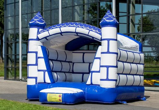 Mini-roofed bouncy castle in blue and white in castle theme for kids to buy. Order bouncy castles now at JB Inflatables UK online