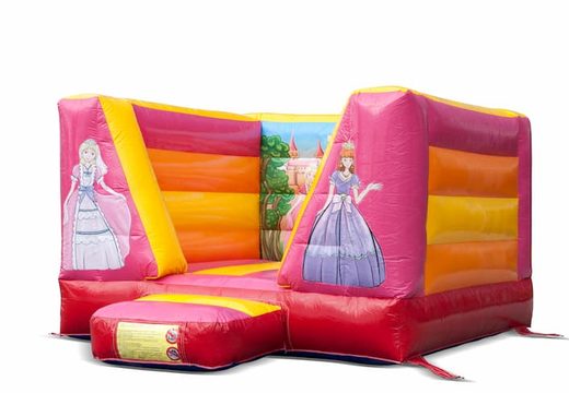 Buy a small open inflatable pink yellow orange bounce house in princess theme for kids. Bounce houses are online available at JB Inflatables UK 