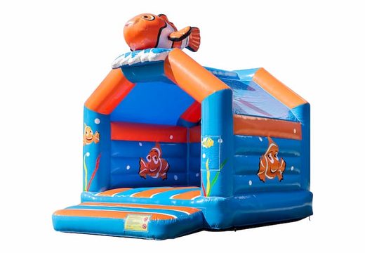Buy standard party bouncy castles in striking colors with a large 3D object of a clownfish on top for children. Order bouncy castles online at JB Inflatables UK
