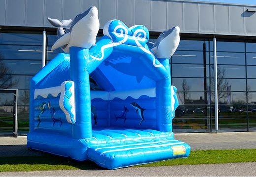 Buy standard bouncy castles in striking colors with a 3D object in the shape of dolphins on the top for children. Buy bouncy castles online at JB Inflatables UK