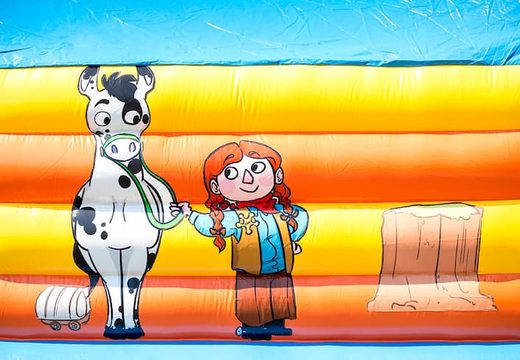Super bouncy castle with roof in cowboy theme for kids. Order bouncy castles online at JB Inflatables UK