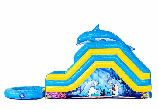 Buy inflatable water slide bounce house in dolphin theme with 3D object on top. Order inflatable bounce houses online at JB Inflatables UK
