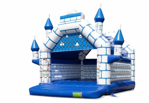 Buy a large covered blue and white bounce house in a children's castle theme. Available at JB Inflatables UK online