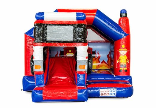 Buy inflatable slide combo firefighter-themed bouncy castle for kids in red en blue color. Order inflatable bouncy castles with slide now at JB Inflatables UK