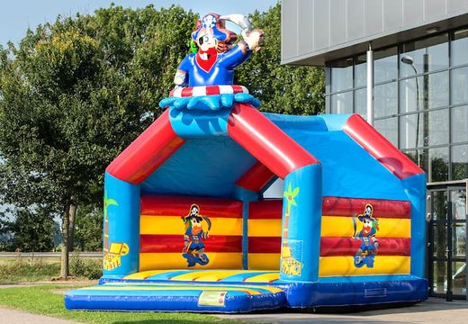 Super bouncy castle with roof in pirate theme for kids. Buy bouncy castles online at JB Inflatables UK