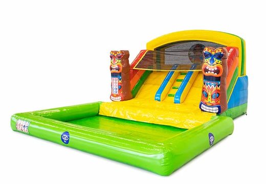 Buy an inflatable bouncer with double slide and water bath in the Hawaii theme for children at JB Inflatables UK. Order inflatable bouncers at JB Inflatables UK