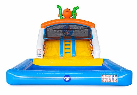 Multiplay splashy slide seaworld bouncy castle with a 3D object from nemo on top for kids at JB Inflatables UK. Order inflatable bouncy castles online at JB Inflatables UK