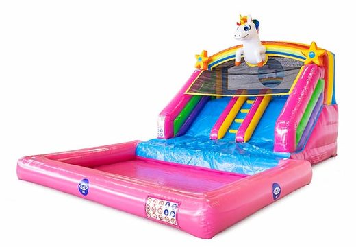 Buy inflatable splashy slide bouncy castle with double slides and water bath in theme unicorn rainbow for children at JB Inflatables UK. Order bouncy castles online at JB Inflatabales UK