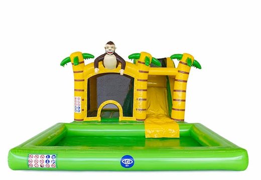 Opblaasbaar Jumpy Happy Splash springkasteel met waterbad kopen in thema oerwoud jungle voor kinderen bij JB Inflatables