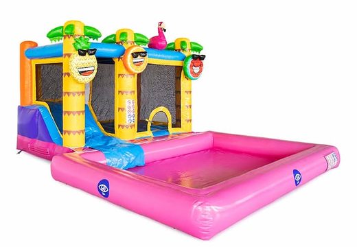 Opblaasbaar Multi Splash Bounce Flamingo luchtkussen met zwembadje kopen in thema flamingo voor kinderen bij JB Inflatables