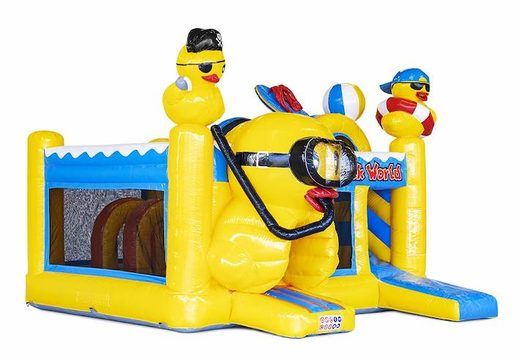 inflatable air cushion with slide in yellow with ducks on it for children