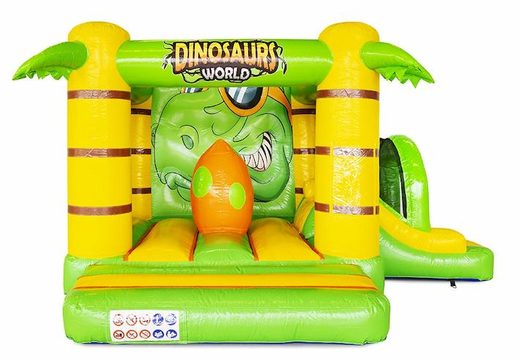 Buy inflatable bouncy castle with slide in dino theme in green with yellow for children