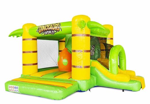 Order inflatable bouncy castle with slide in dino theme in green with yellow for children