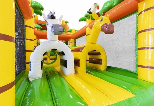 Buy a large bouncy castle obstacle course in safari theme with 3d animals on it for children