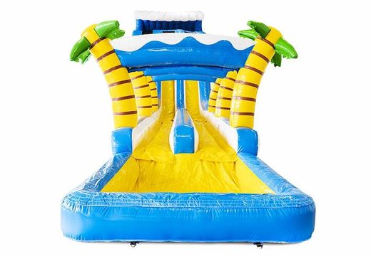 Buy inflatable water slide in blue with white and palm trees for children