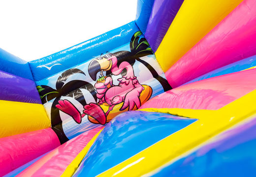 Order Inflatable Flamingo bouncy castle with prints for children. Buy bouncy castles online at JB Inflatables UK