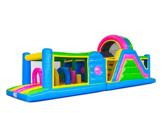 Buy 13 meters bouncy castle in Happy colors for kids. Order inflatables with obstacle courses now online at JB Inflatables UK