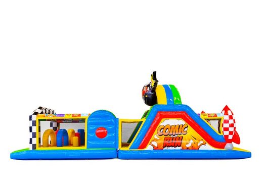 Order 13 meters bouncy castle in theme Comic for kids. Buy inflatables with obstacle courses now online at JB Inflatables UK