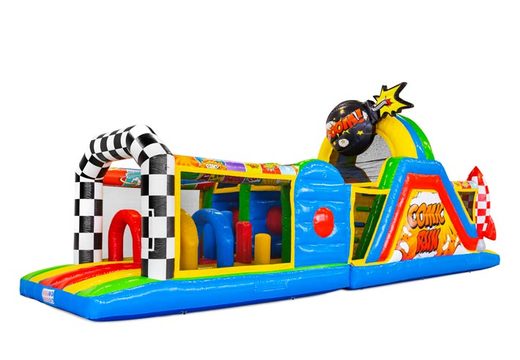 Buy 13 meters bouncy castle in theme Comic for kids. Order inflatables with obstacle courses now online at JB Inflatables UK