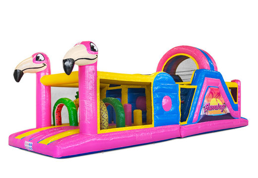 Buy 13 meters bouncy castle in theme Flamingo for kids. Order inflatables with obstacle courses now online at JB Inflatables UK