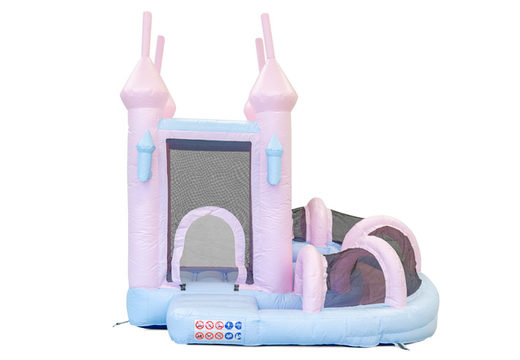 Order bouncer bouncy castle with slide in pastel colors pink blue for children. Buy bouncy castles online at JB Inflatables UK