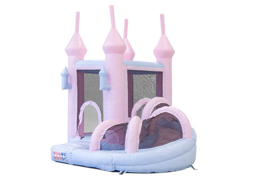 Buy bouncer bouncy castle with slide in pastel colors pink blue for children. Order inflatables online at JB Inflatables UK