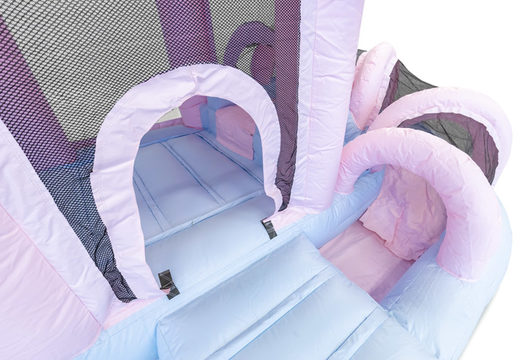 Order bouncer with slide bouncy castle in pastel colors pink blue for children. Inflatables for sale online at JB Inflatables UK
