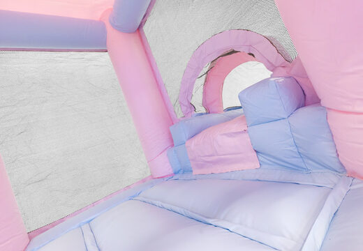Buy bouncer with slide air cushion in pastel colors pink blue for children. Order air cushions online at JB Inflatables UK