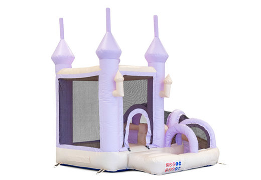 Bouncer with slide bouncy castle for sale in pastel color purple mint for children. Buy indoor inflatables online at JB Inflatables UK