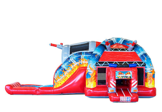 Order Multiplay Super bouncy castle in Fire Brigade theme with slide and a splash pool. Buy inflatables online at JB Inflatables UK