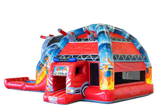 Order large inflatable covered Multiplay Super bouncy castle with slide in theme Fire Department for children. Buy inflatables online at JB Inflatables UK