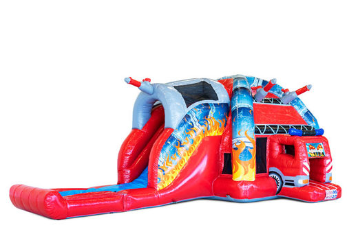 Buy large inflatable indoor Multiplay Super bouncy castle with slide in the Fire Department theme for children. Order inflatables online at JB Inflatables UK