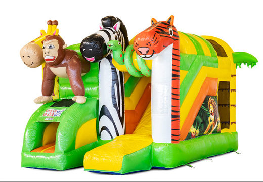 Buy covered inflatable Mini Multiplay bouncy castle with slide in Jungle theme for children. Order now inflatable bouncy castles at JB Inflatables UK