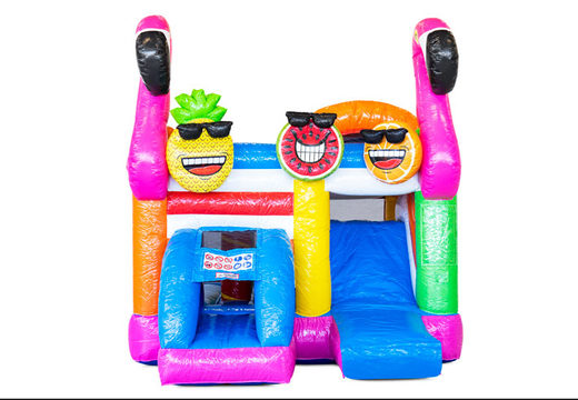 Order covered inflatable Mini Multiplay bouncy castle with slide in theme Flamingo for children. Buy inflatable bouncers now at JB Inflatables UK