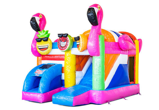 Buy covered inflatable Mini Multiplay bouncy castle with slide in theme Flamingo for children. Order now inflatable bouncy castles at JB Inflatables UK
