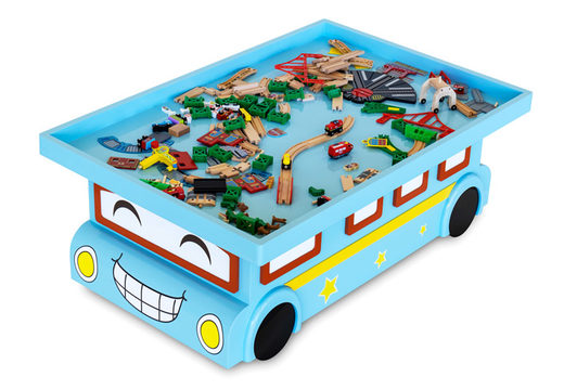 Blue play table truck with trains to play with for children