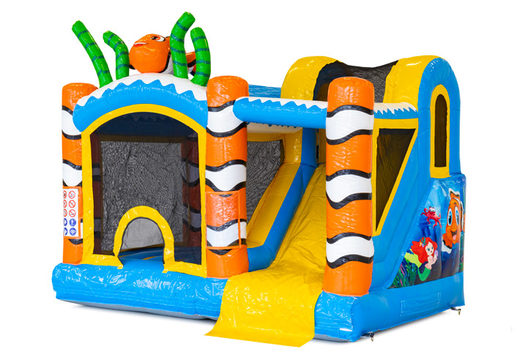 Buy bouncy castle online with slide, climbing wall and cheerful theme
