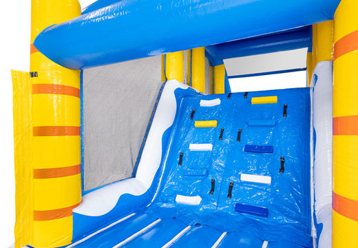 Climbing wall in modular obstacle course blue white yellow surf theme