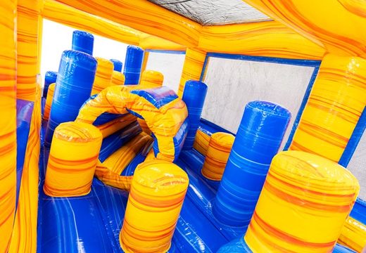 Crawling hole and pillars in yellow and blue colors with nets on the roof