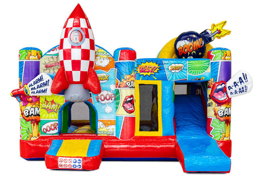 Multiplay bouncy castle with comic theme featuring rocket and cartoon characters