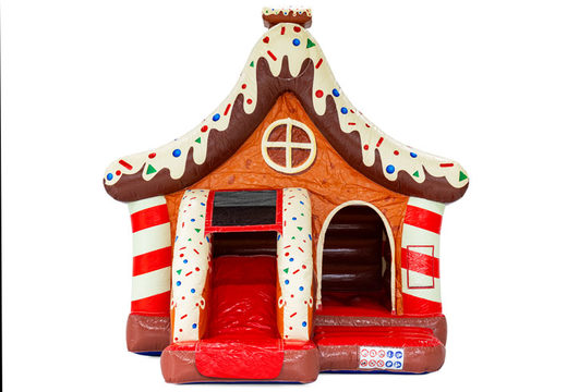 Inflatable gingerbread house bouncy castle winter theme red brown white orange
