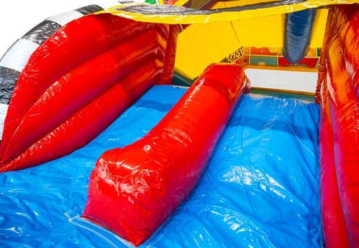 Buy the blue, yellow, and red slide of the Slide Combo Doubleslide inflatable castle at JB