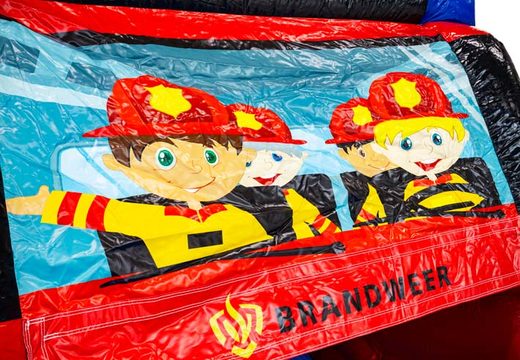 Inflatable castle with beach theme and illustration of firefighters available for online ordering