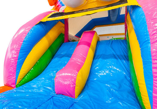 Blue, Yellow, and Pink Slide of Double Slide Combo Inflatable Castle available for purchase at JB