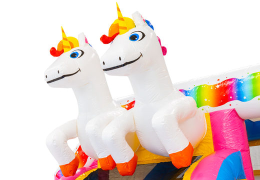 Order inflatable castle with unicorn theme and 2 3D unicorns on the roof online