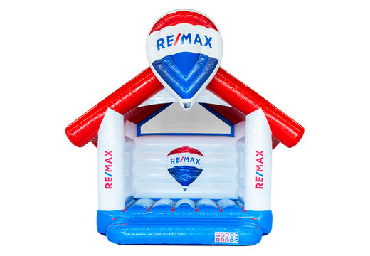 Red, white, blue A-frame bouncy castle with hot air balloon
