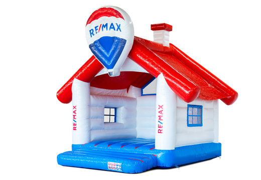 Custom house with hot air balloon inflatable castle in red, white, blue, and logo